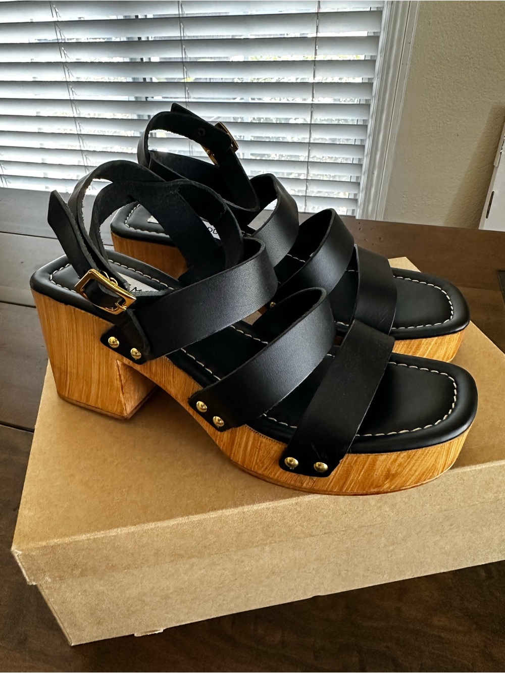 Steve Madden Black Strappy Platform Sandals with Wood-Tone Block Heel